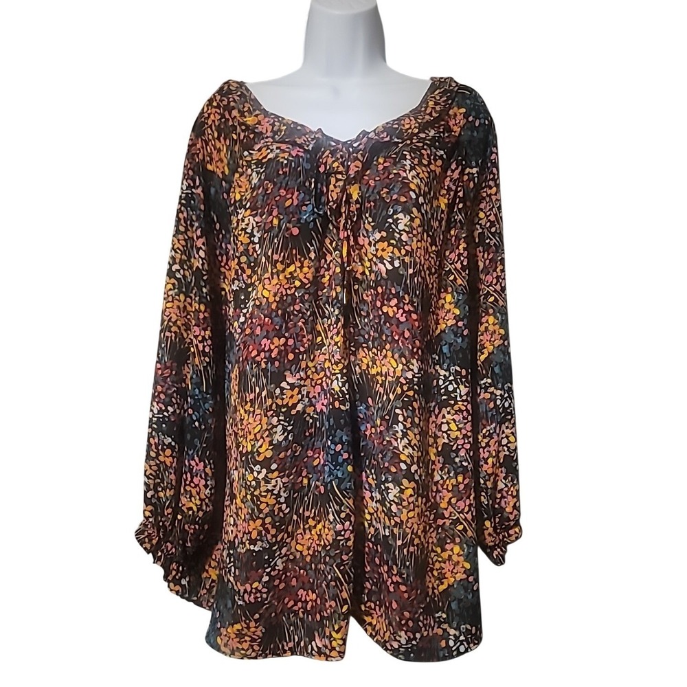 The Pioneer Woman‎ Womens XXL Floral Long Sleeve Tie Neck Blouse Multi-Color Top
